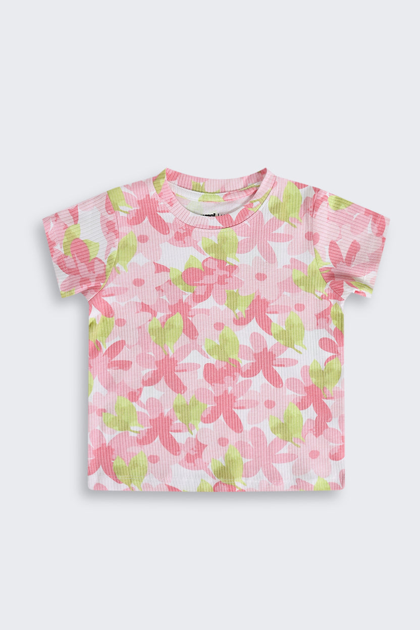 Pink Floral Cotton Regular Fit T-Shirt for Girls - Image 2