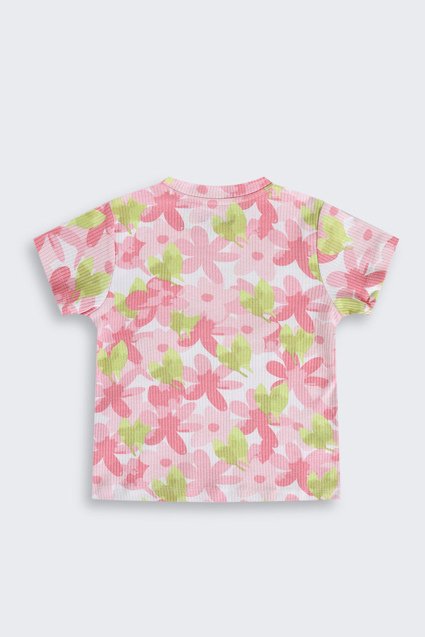 Pink Floral Cotton Regular Fit T-Shirt for Girls - Image 3