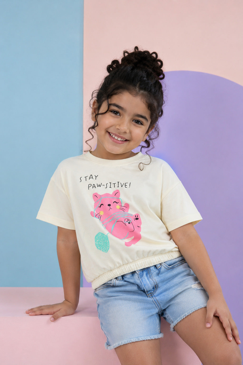 Off White Graphic Printed Elastic-Hem Top for Girls - Image 1