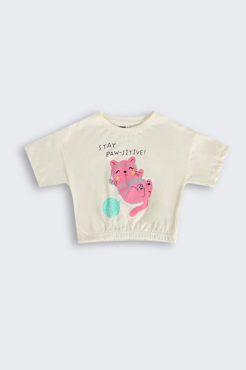 Off White Graphic Printed Elastic-Hem Top for Girls - Image 2