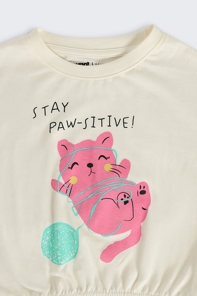Off White Graphic Printed Elastic-Hem Top for Girls - Image 5
