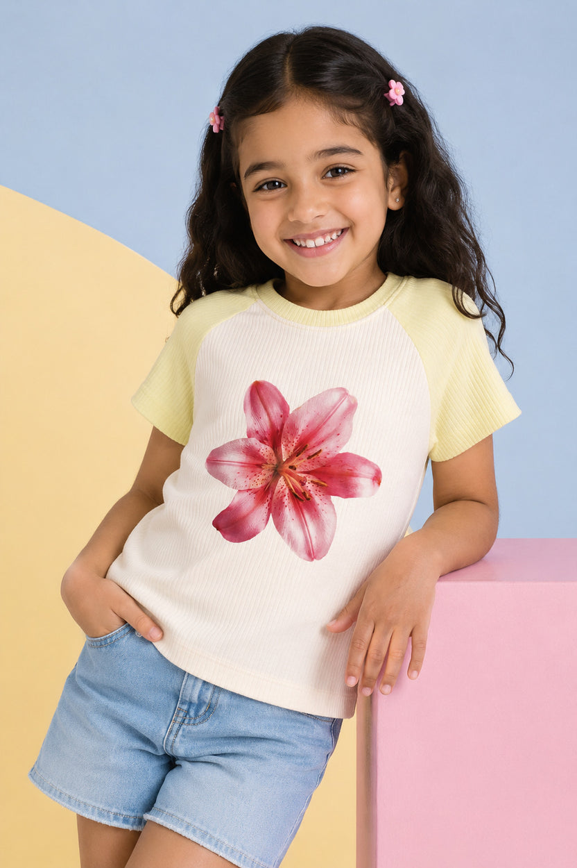 Off White Floral Graphic Cotton Regular Fit T-Shirt for Girls - Image 1