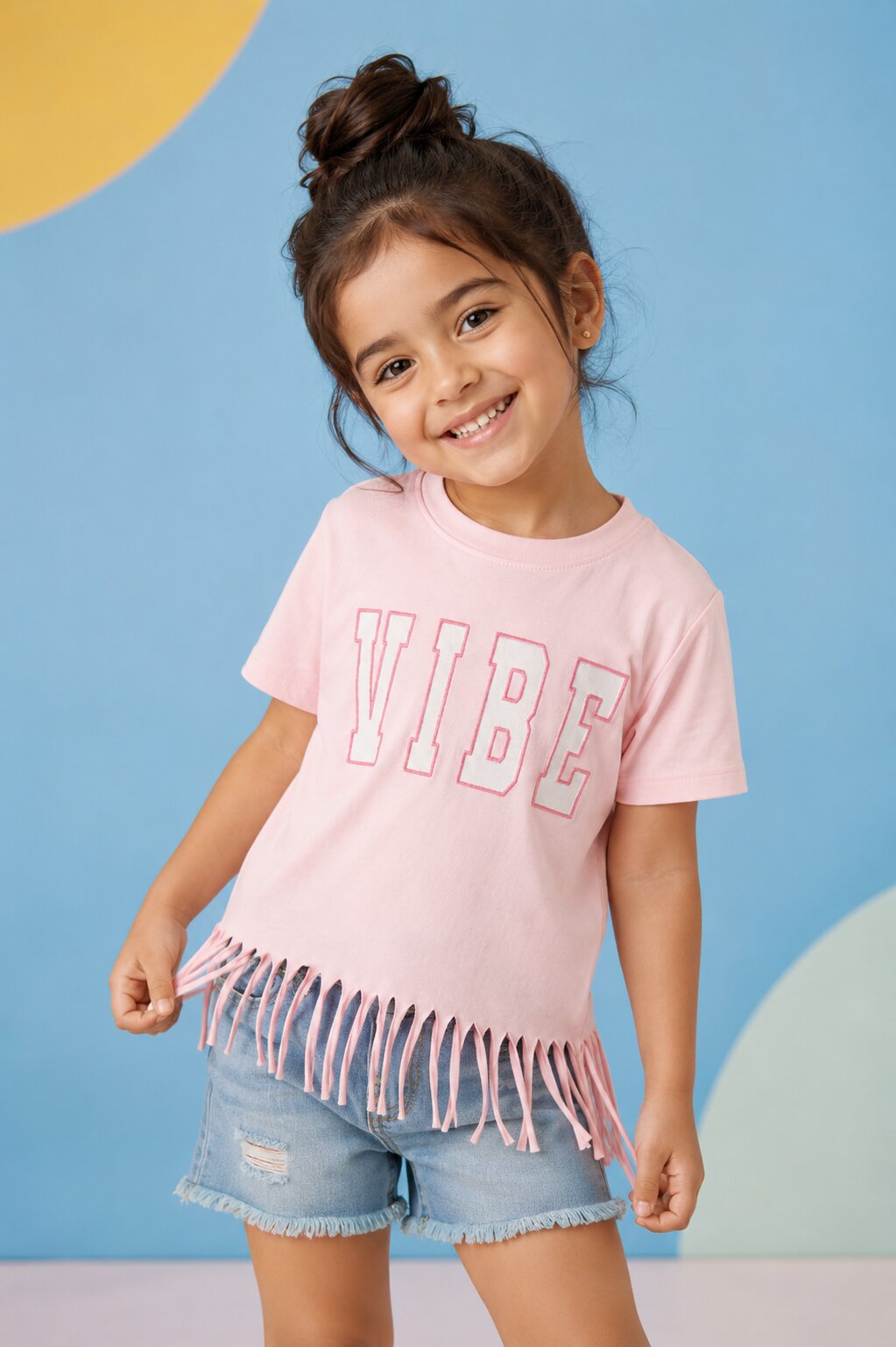 Pink Fringes Placement Printed T-Shirt for Girls - Image 1