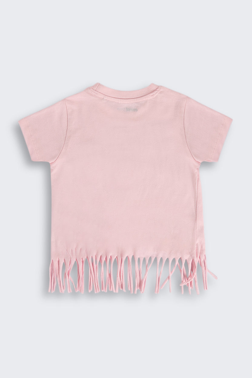 Pink Fringes Placement Printed T-Shirt for Girls - Image 4