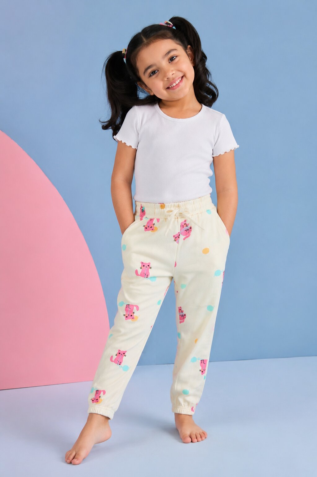 Off White Cats Printed Jogger for Girls - Image 1