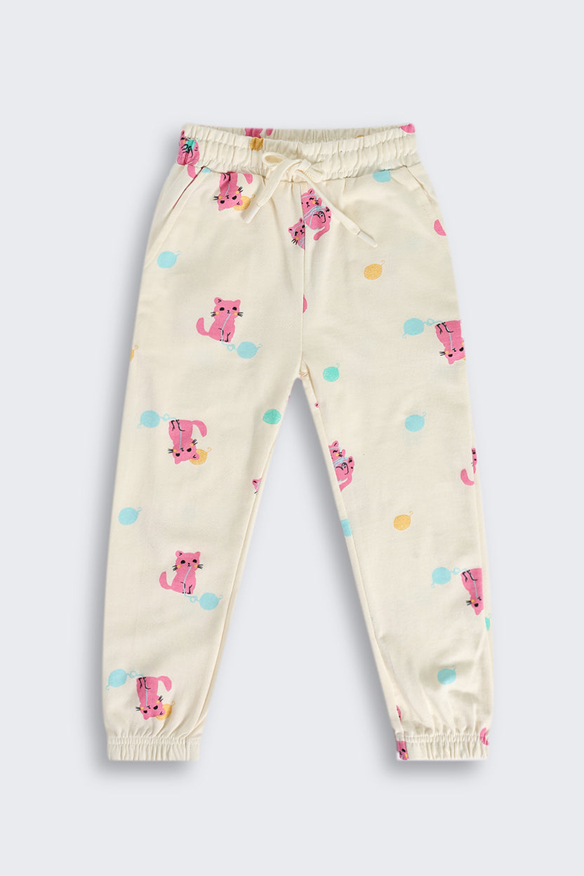 Off White Cats Printed Jogger for Girls - Image 2
