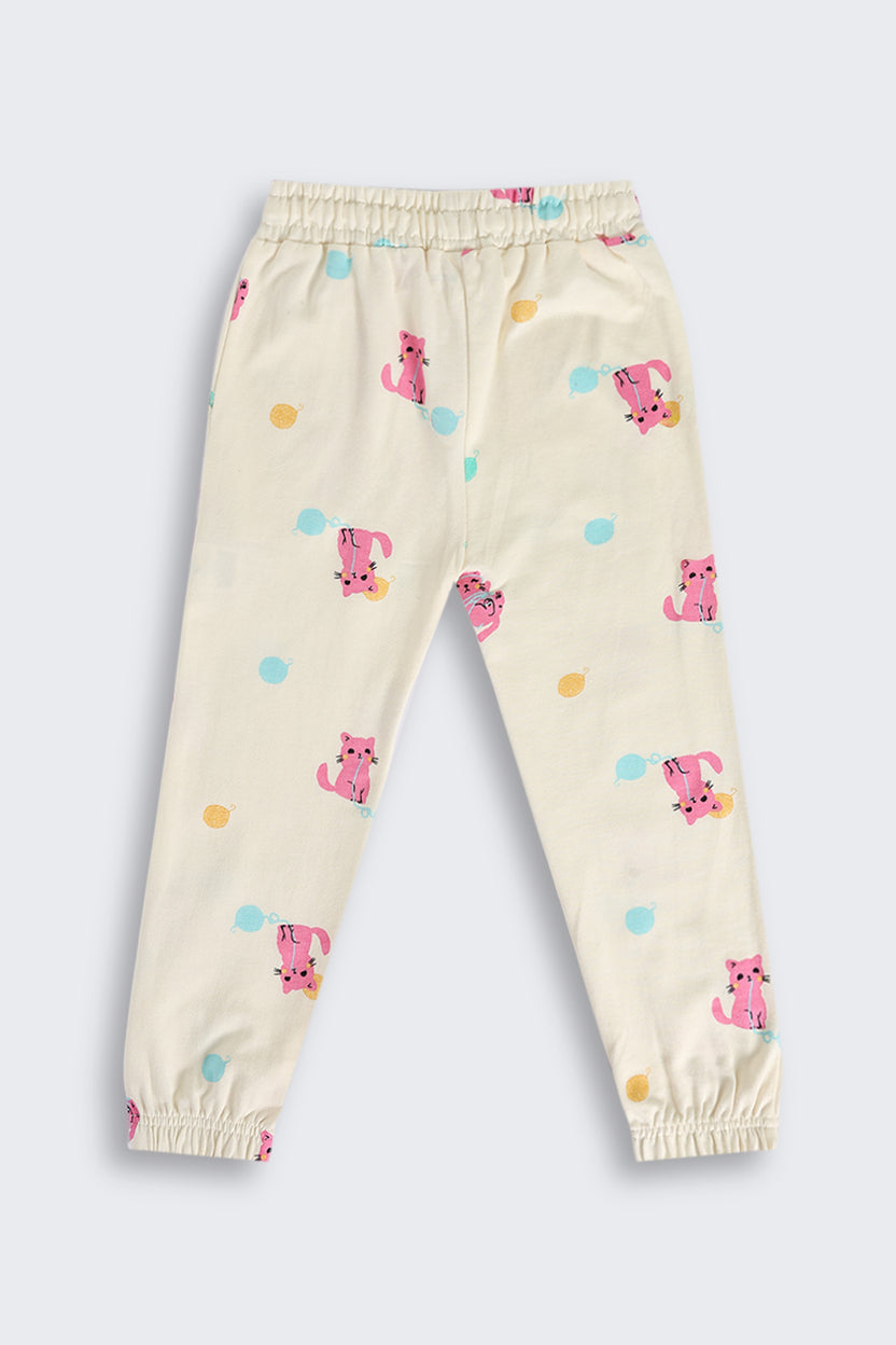 Off White Cats Printed Jogger for Girls - Image 3