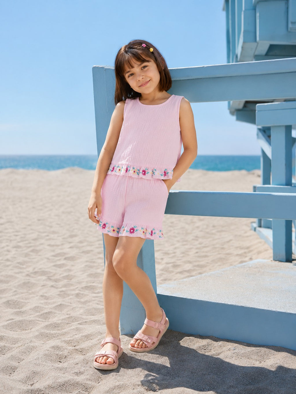 Pink Embroidered Regular Fit Co-ord Set for Girls - Image 1