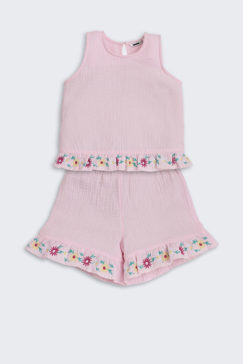 Pink Embroidered Regular Fit Co-ord Set for Girls - Image 2