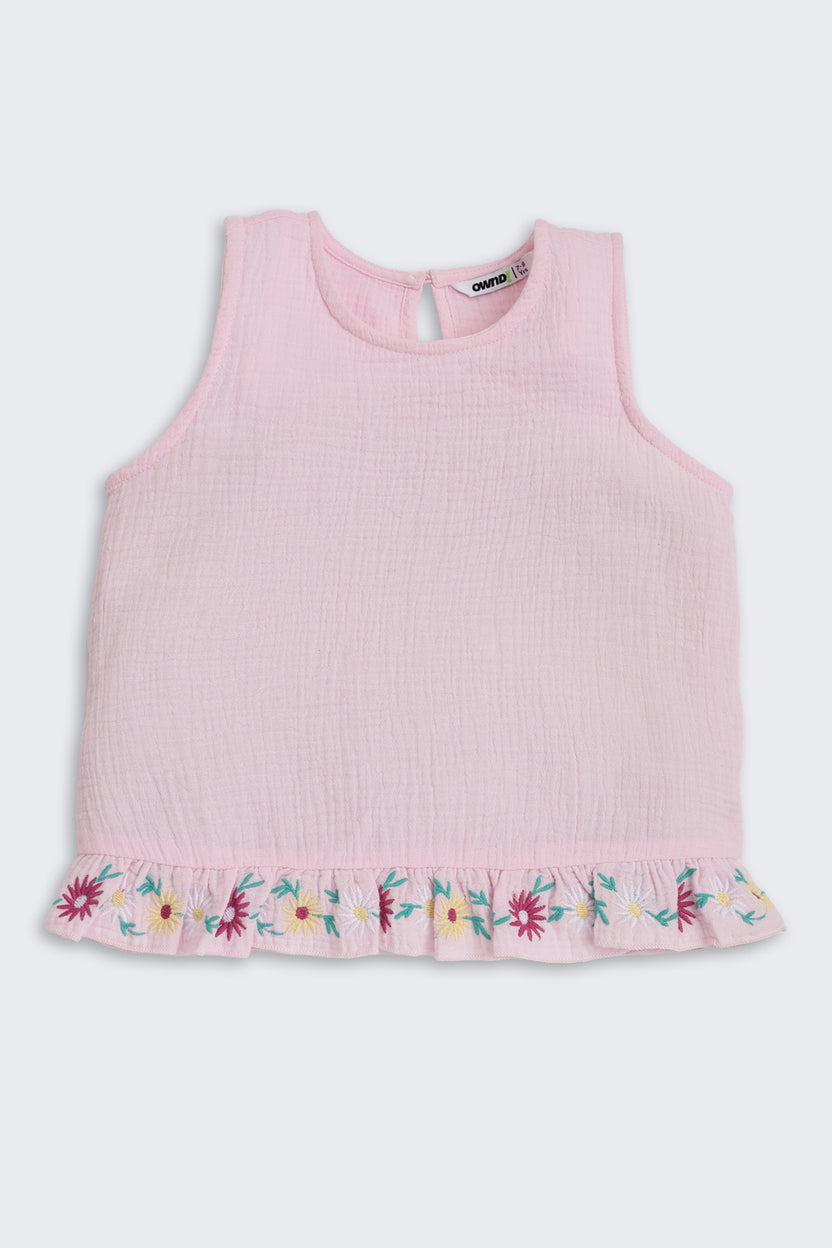 Pink Embroidered Regular Fit Co-ord Set for Girls - Image 3