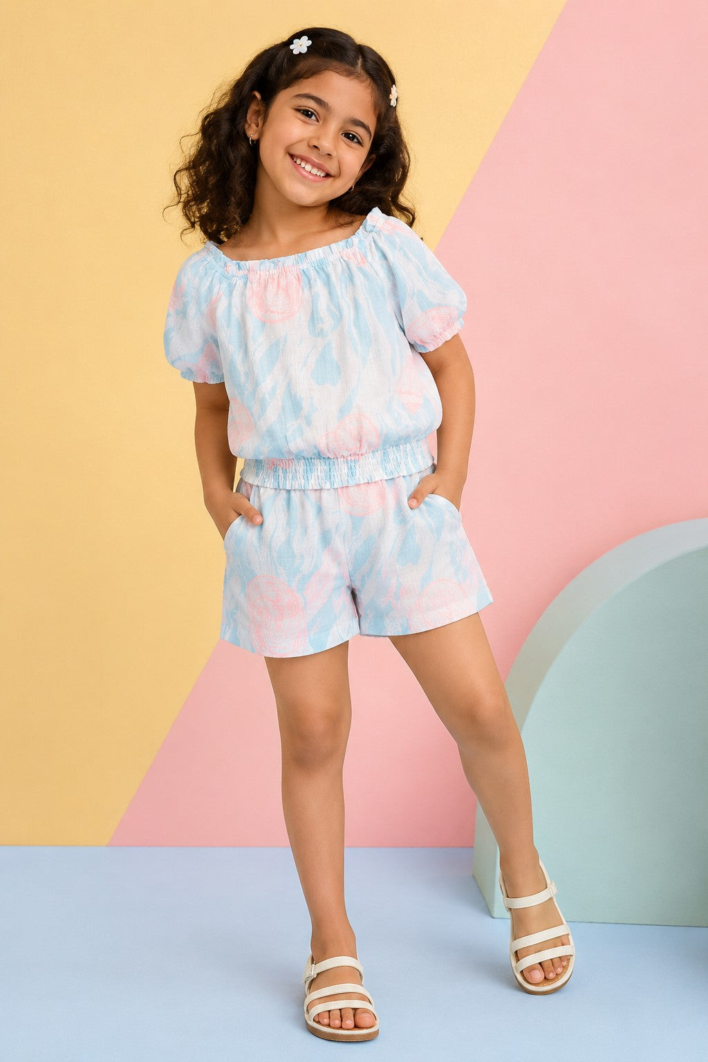 Light Blue Shell Print Regular Fit Co-ord Set for Girls - Image 1