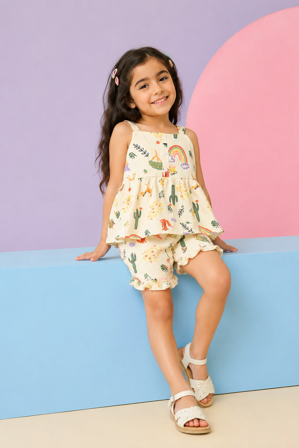 Off White Shoulder Straps Sleeves Regular Fit Co-ord Set for Girls - Image 1