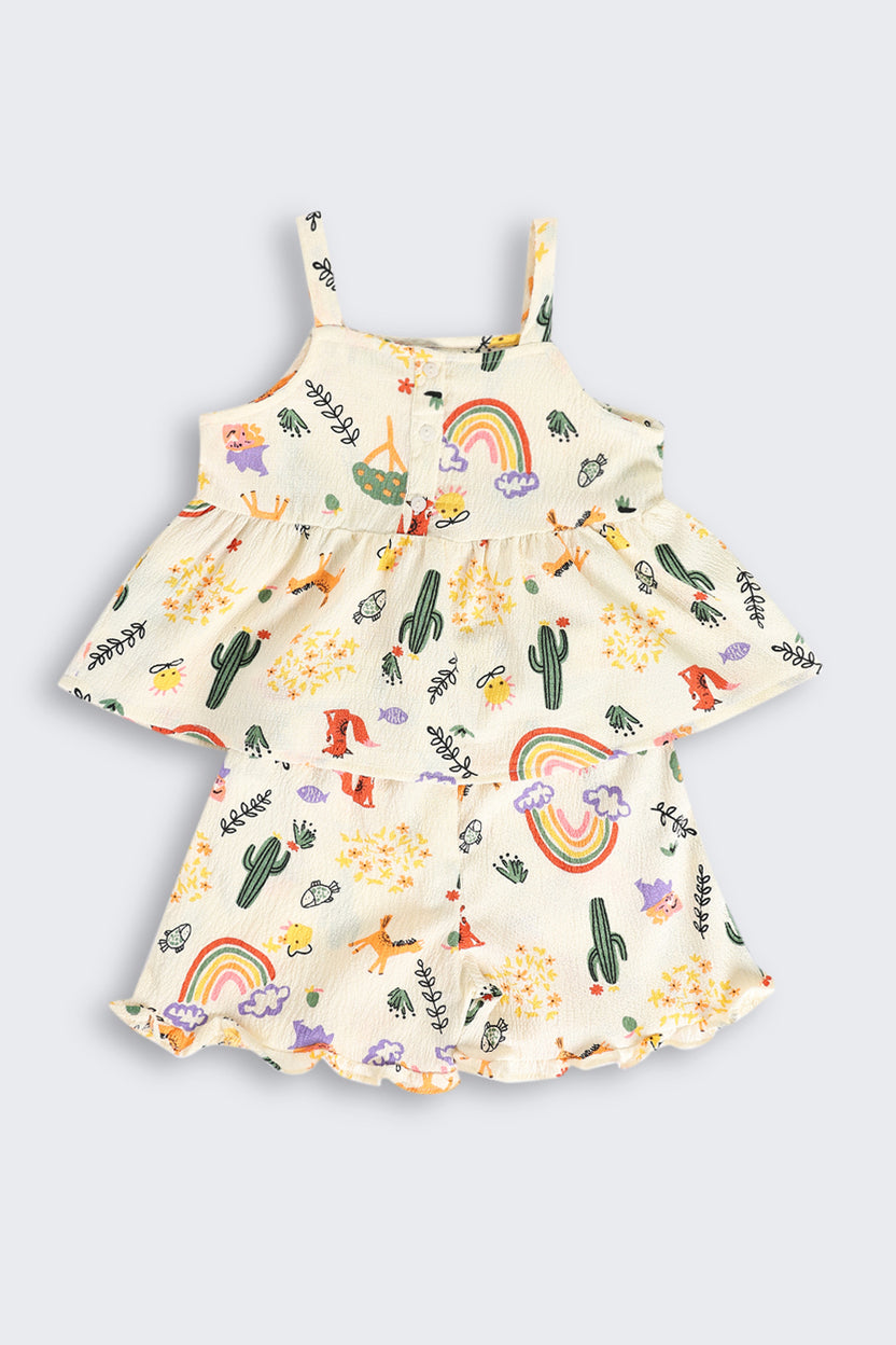 Off White Shoulder Straps Sleeves Regular Fit Co-ord Set for Girls - Image 2
