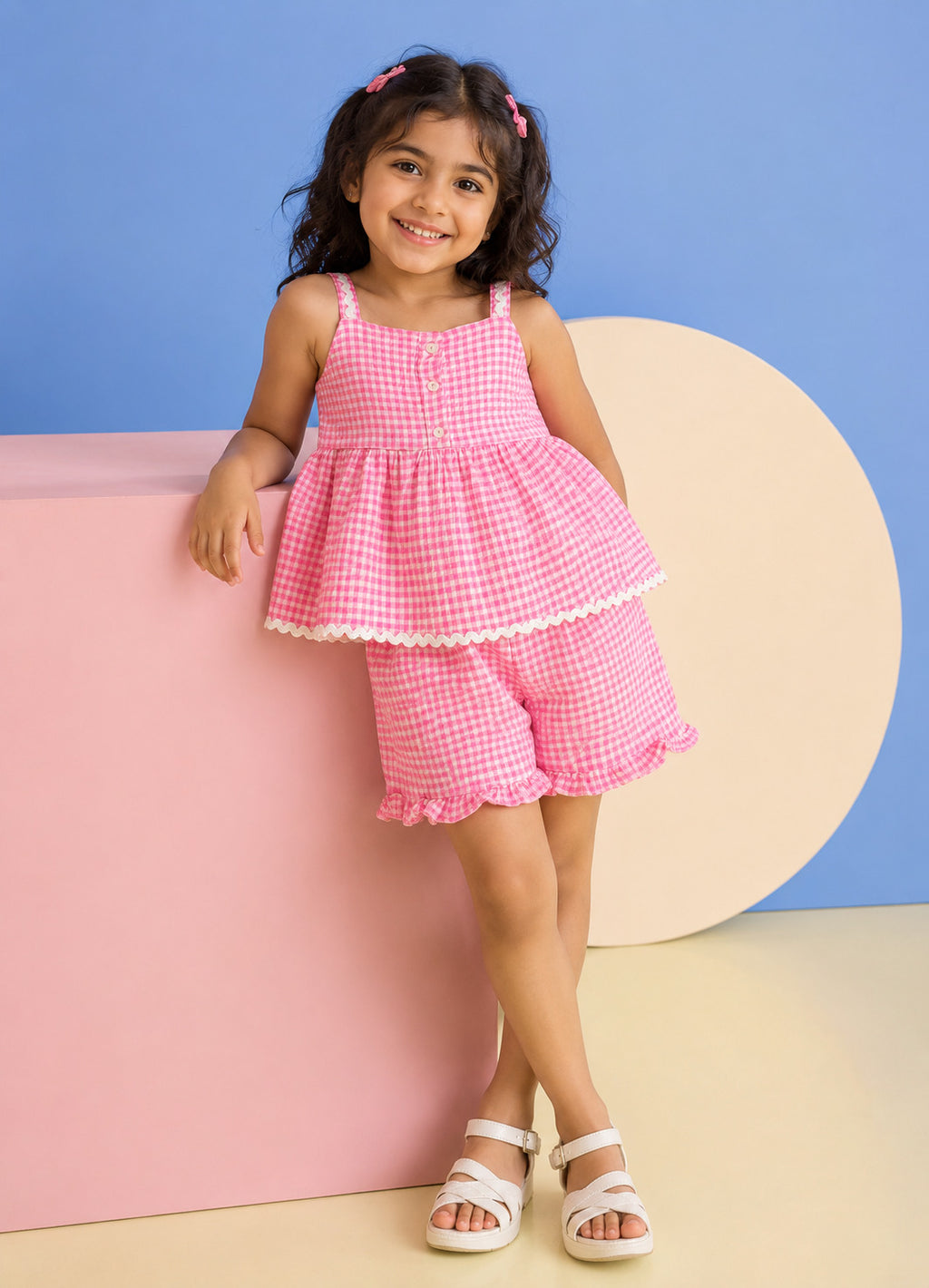 Pink Checked Shoulder Straps Co-ord Set for Girls - Image 1