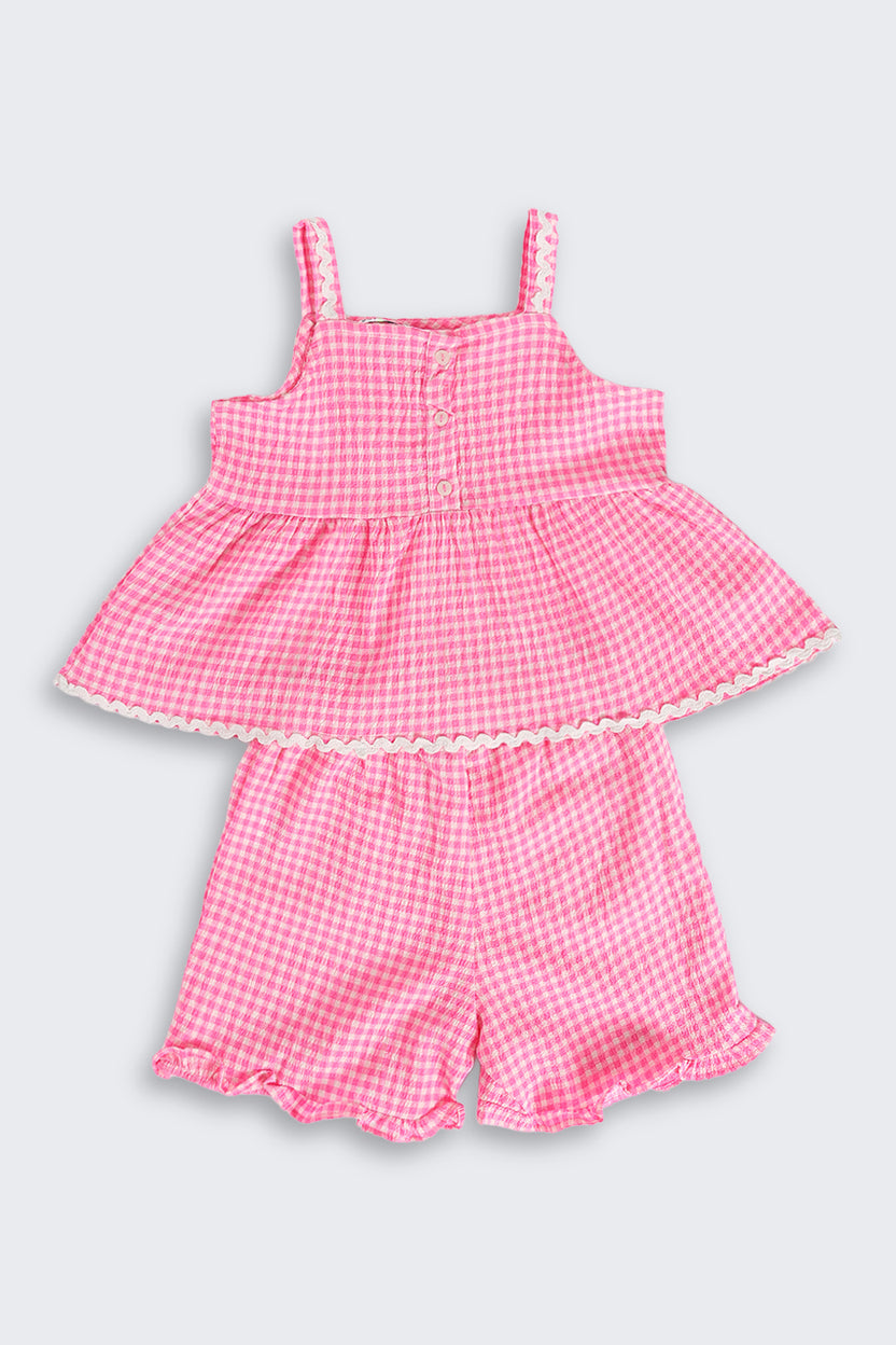 Pink Checked Shoulder Straps Co-ord Set for Girls - Image 2