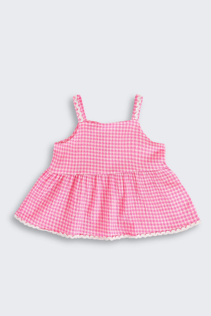 Pink Checked Shoulder Straps Co-ord Set for Girls - Image 4