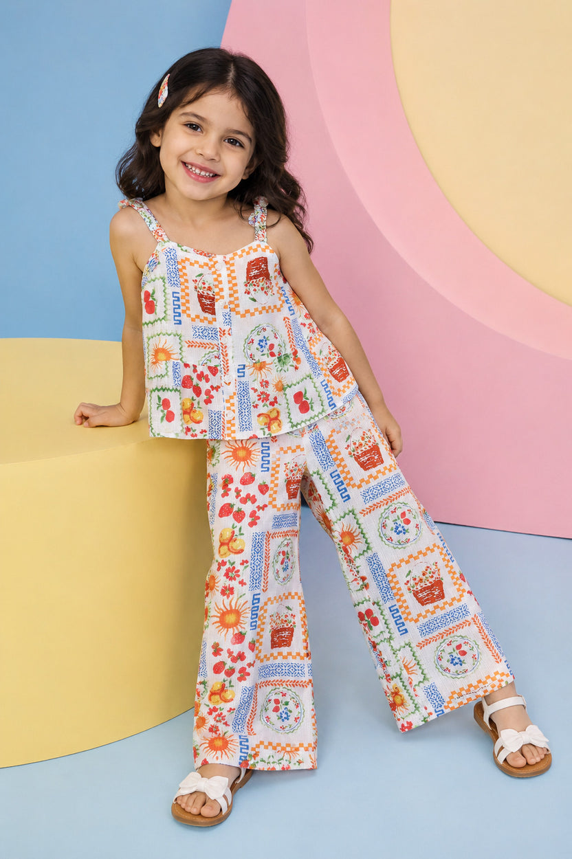 Off White All Over Printed Shoulder Straps Co-ord Set For Girls - Image 1