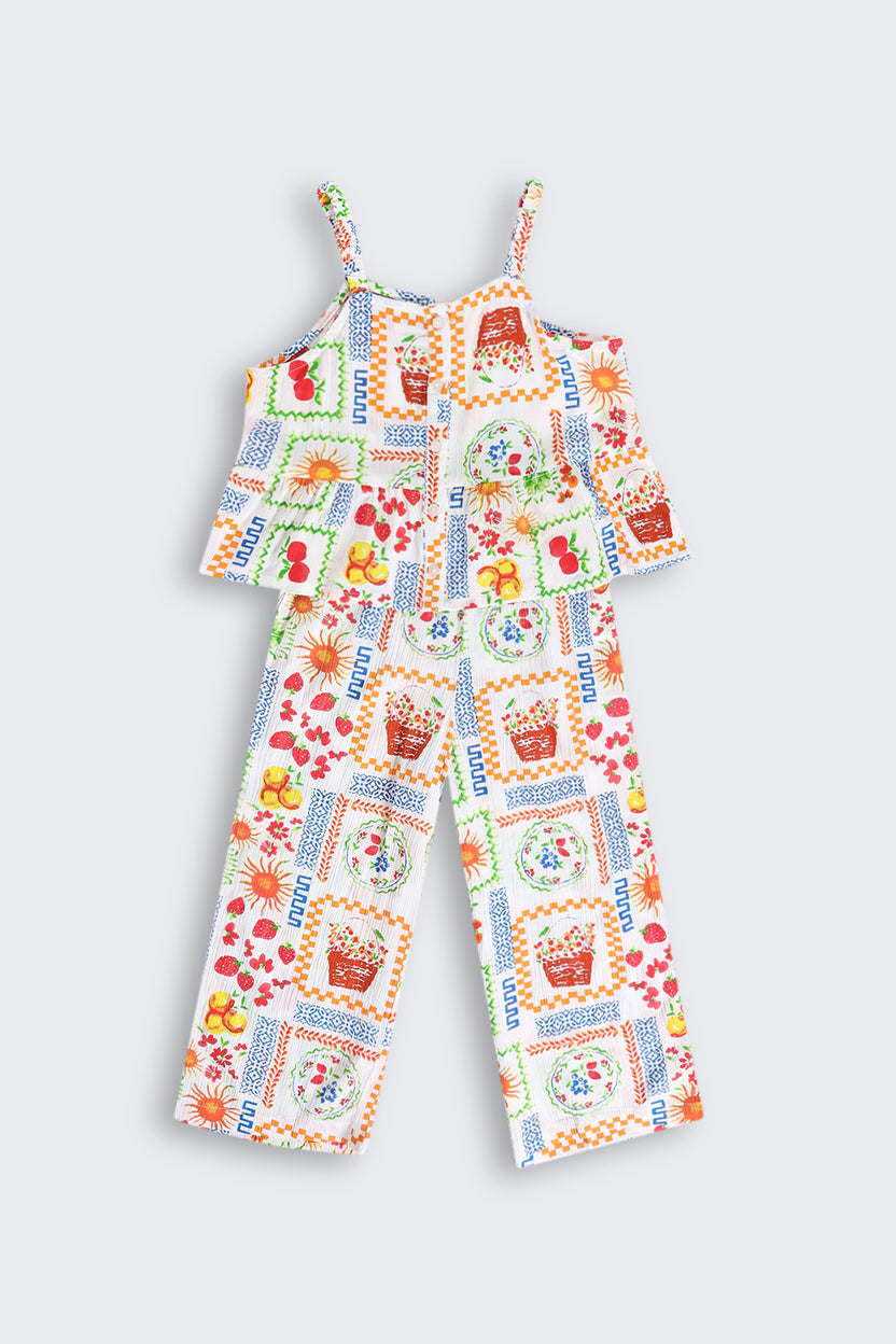 Off White All Over Printed Shoulder Straps Co-ord Set For Girls - Image 2