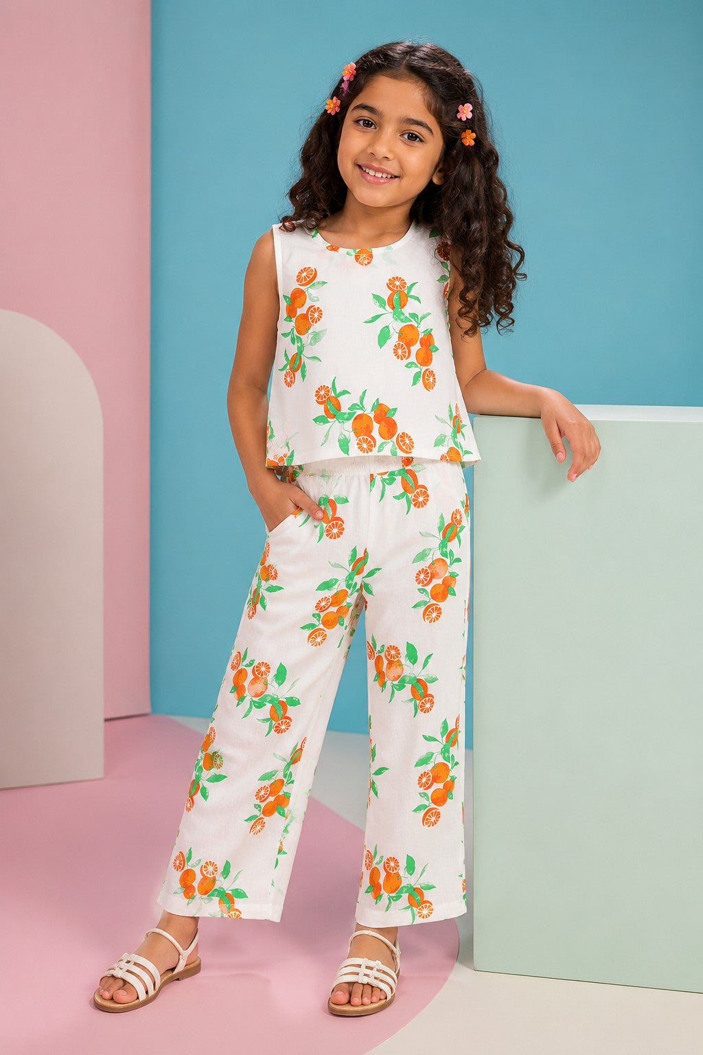 Off White Fruits Printed Regular Fit Co-ord Set for Girls - Image 1