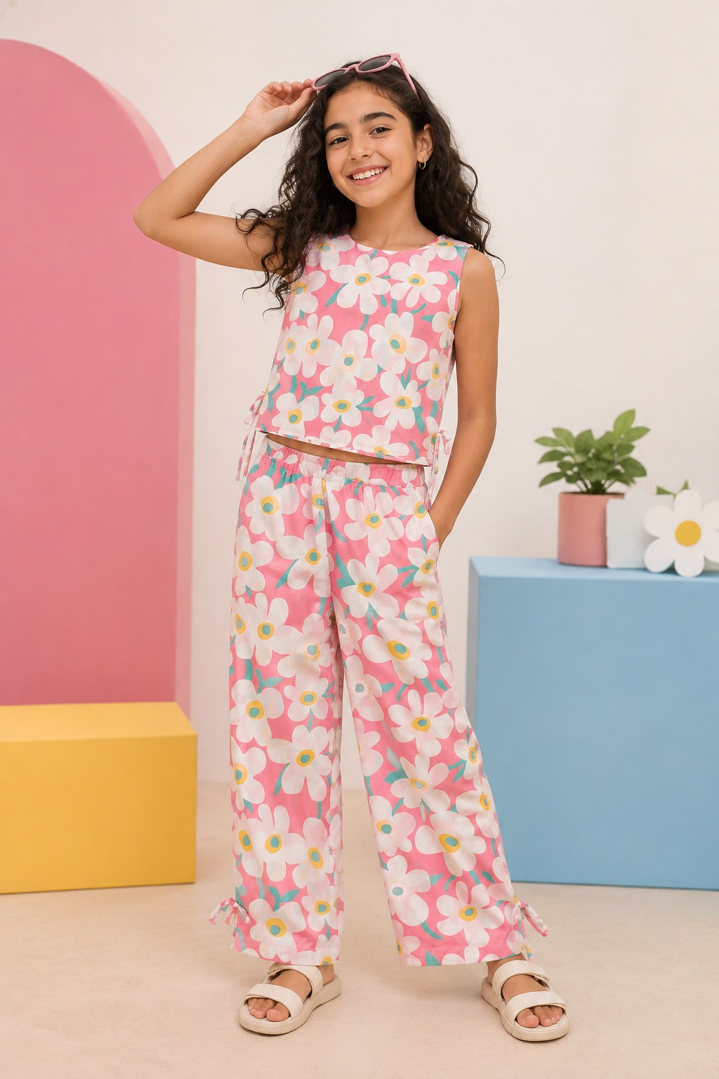 Coral Floral Printed Regular Fit Co-ord Set for Girls - Image 1