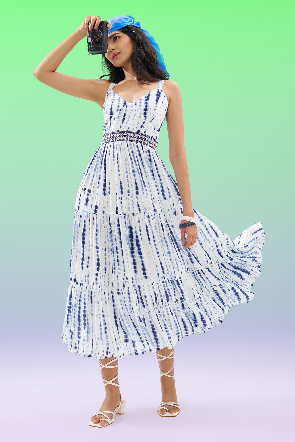 Blue Printed Sleeveless Tiered Dress for Women - Image 1
