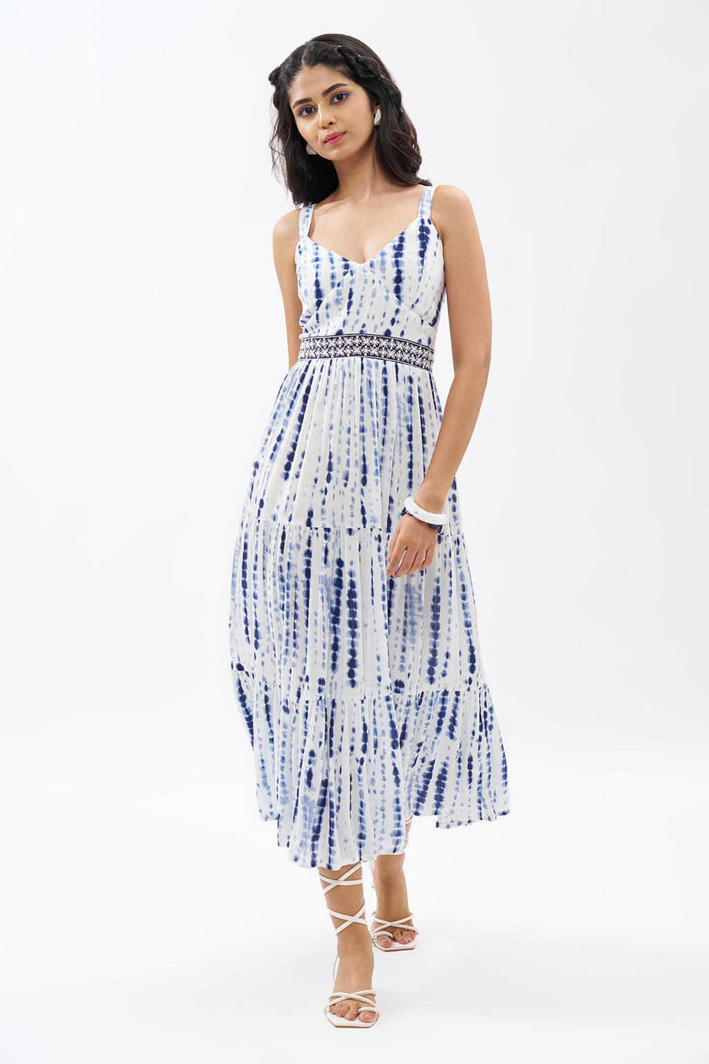 Blue Printed Sleeveless Tiered Dress for Women - Image 2