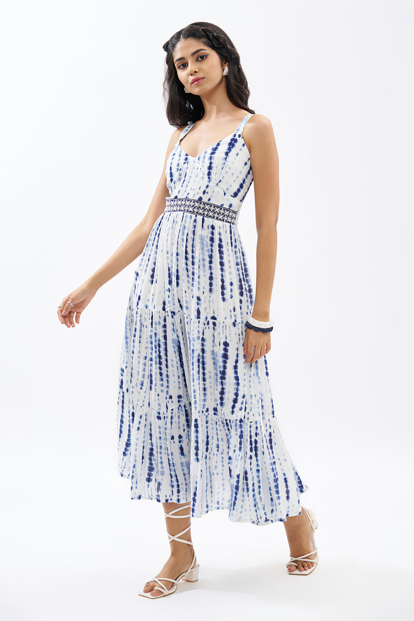 Blue Printed Sleeveless Tiered Dress for Women - Image 4