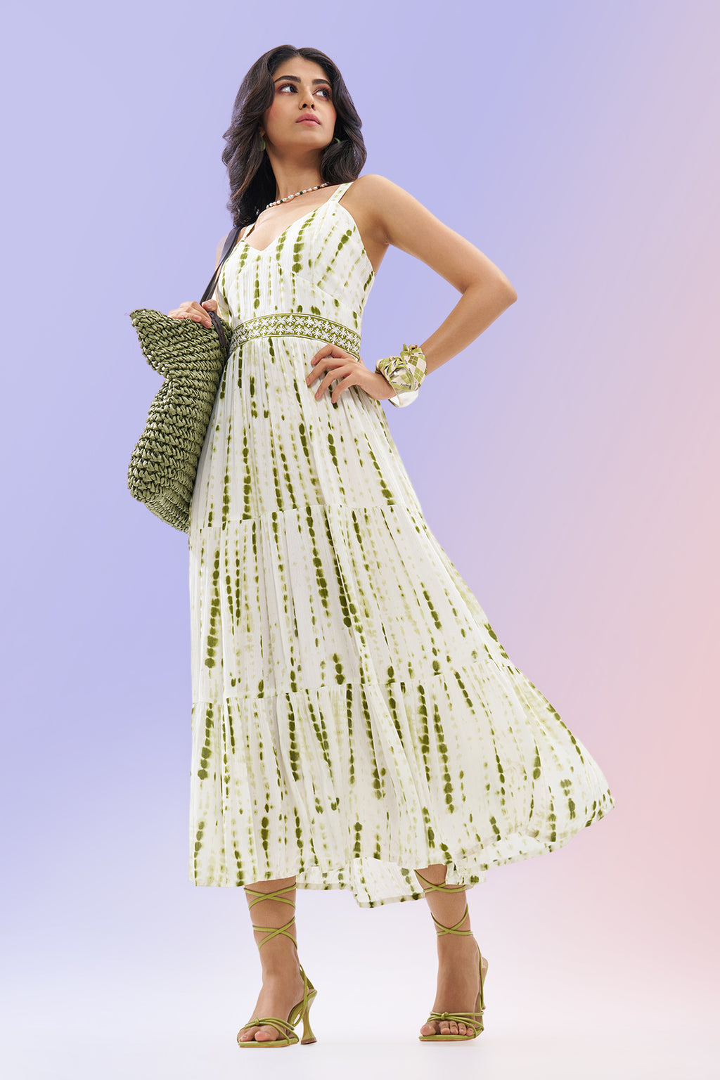 Sage Green Printed Sleeveless Tiered Dress for Women - Image 1