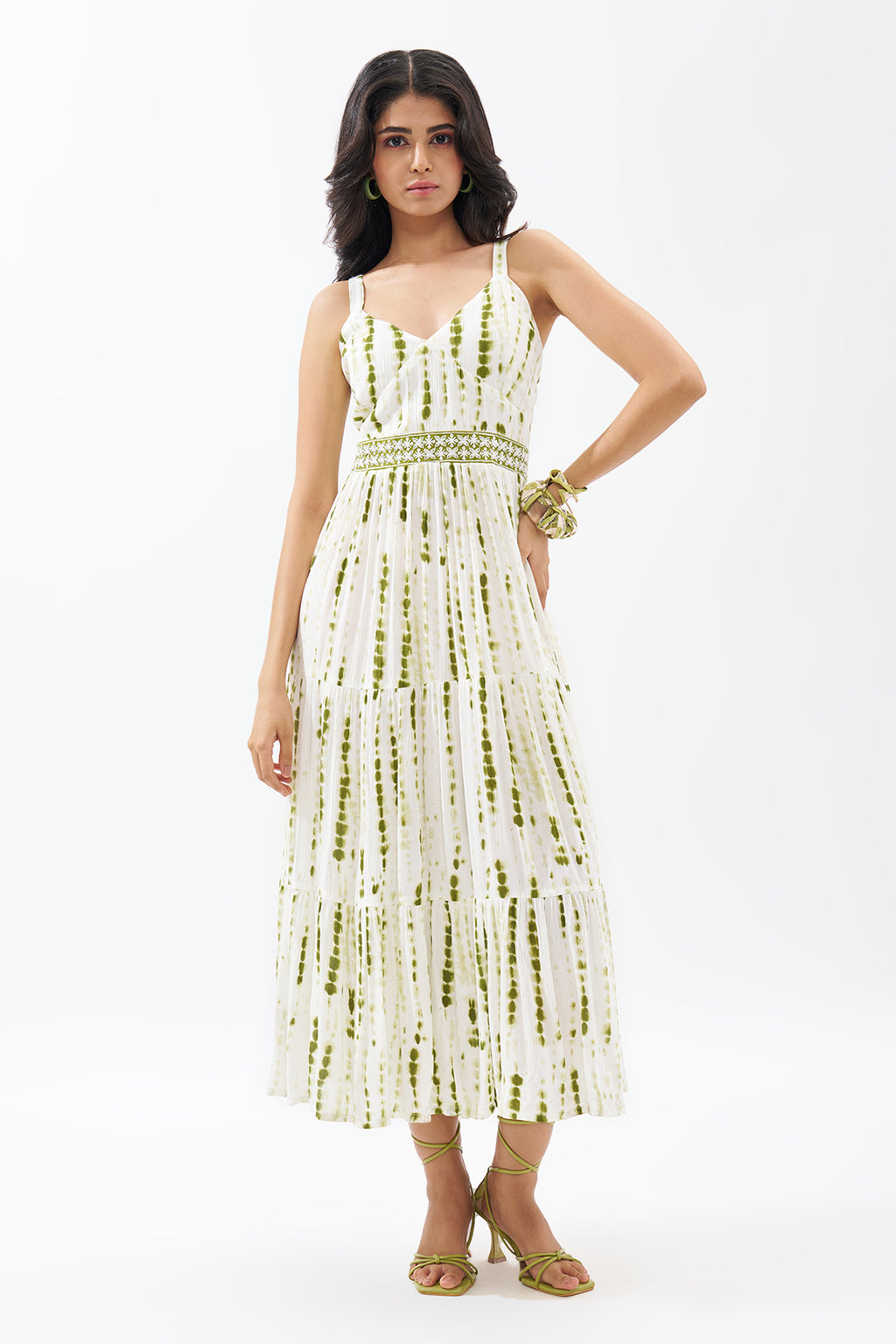 Sage Green Printed Sleeveless Tiered Dress for Women - Image 2