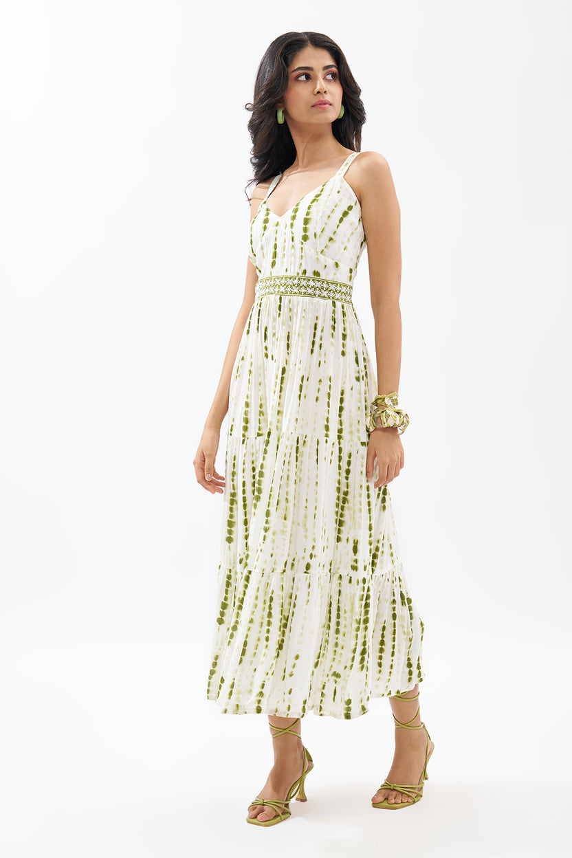 Sage Green Printed Sleeveless Tiered Dress for Women - Image 4