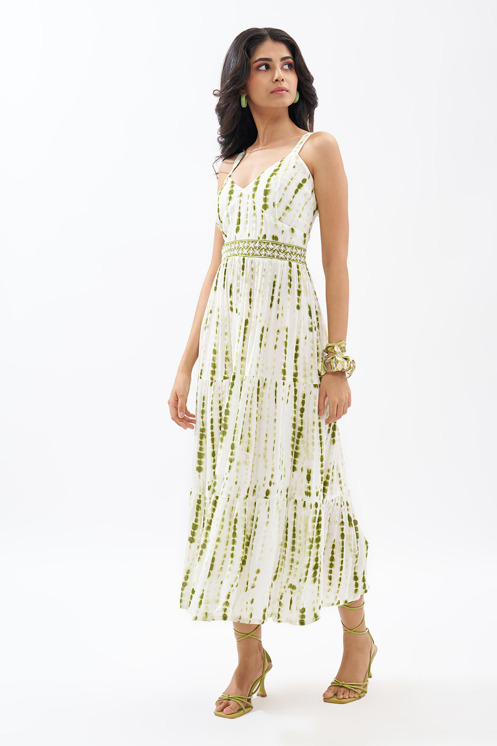 Sage Green Printed Sleeveless Tiered Dress for Women - Image 4