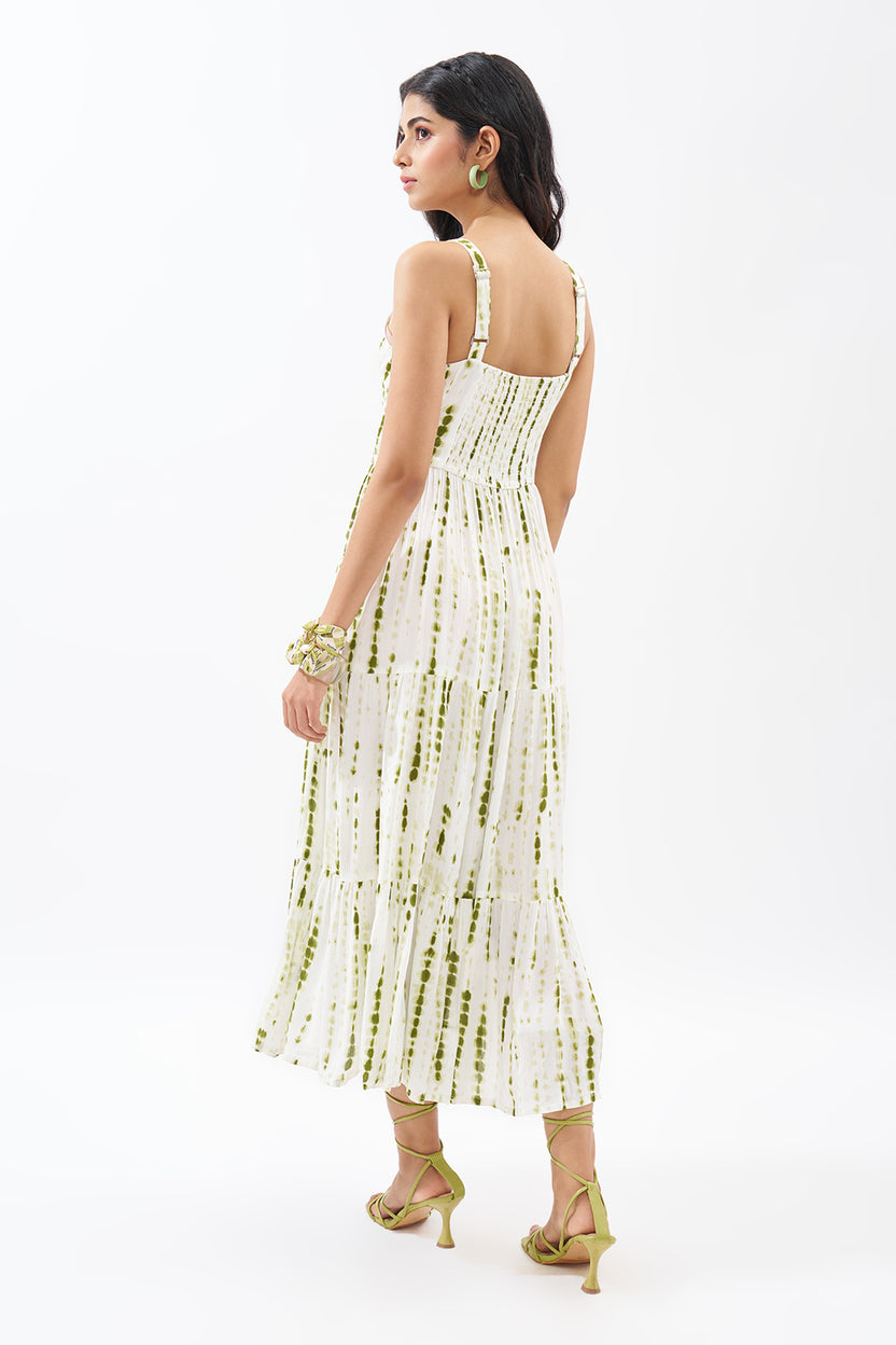 Sage Green Printed Sleeveless Tiered Dress for Women - Image 5