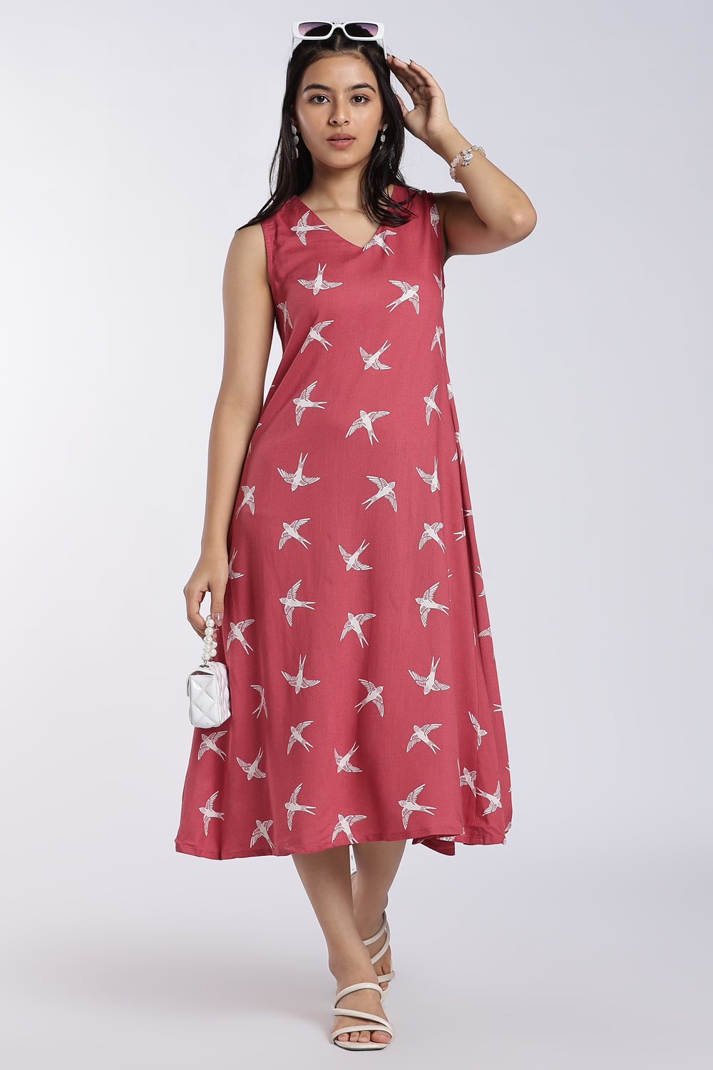 Pink Bird Print Midi Dress For Women - Image 1