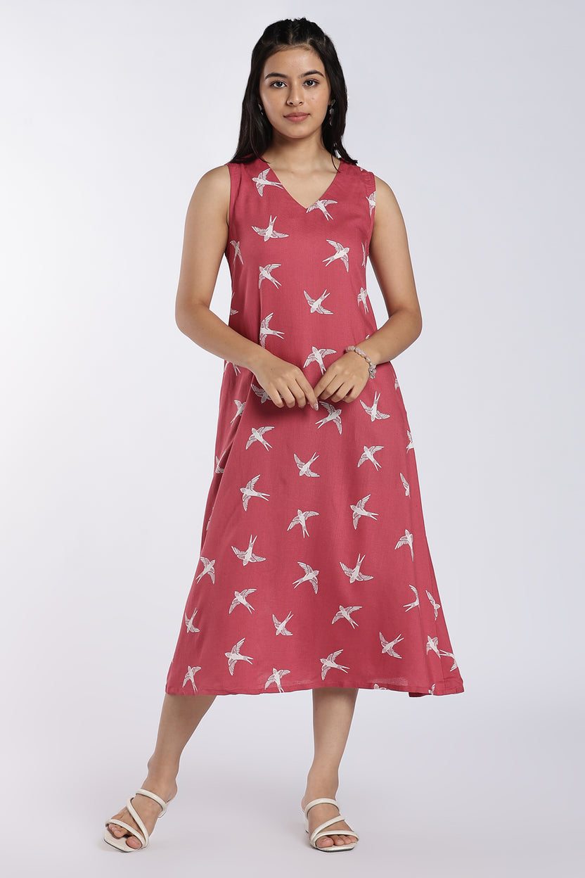 Pink Bird Print Midi Dress For Women - Image 2