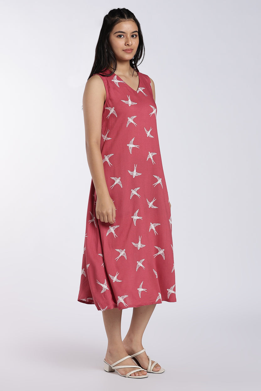 Pink Bird Print Midi Dress For Women - Image 4