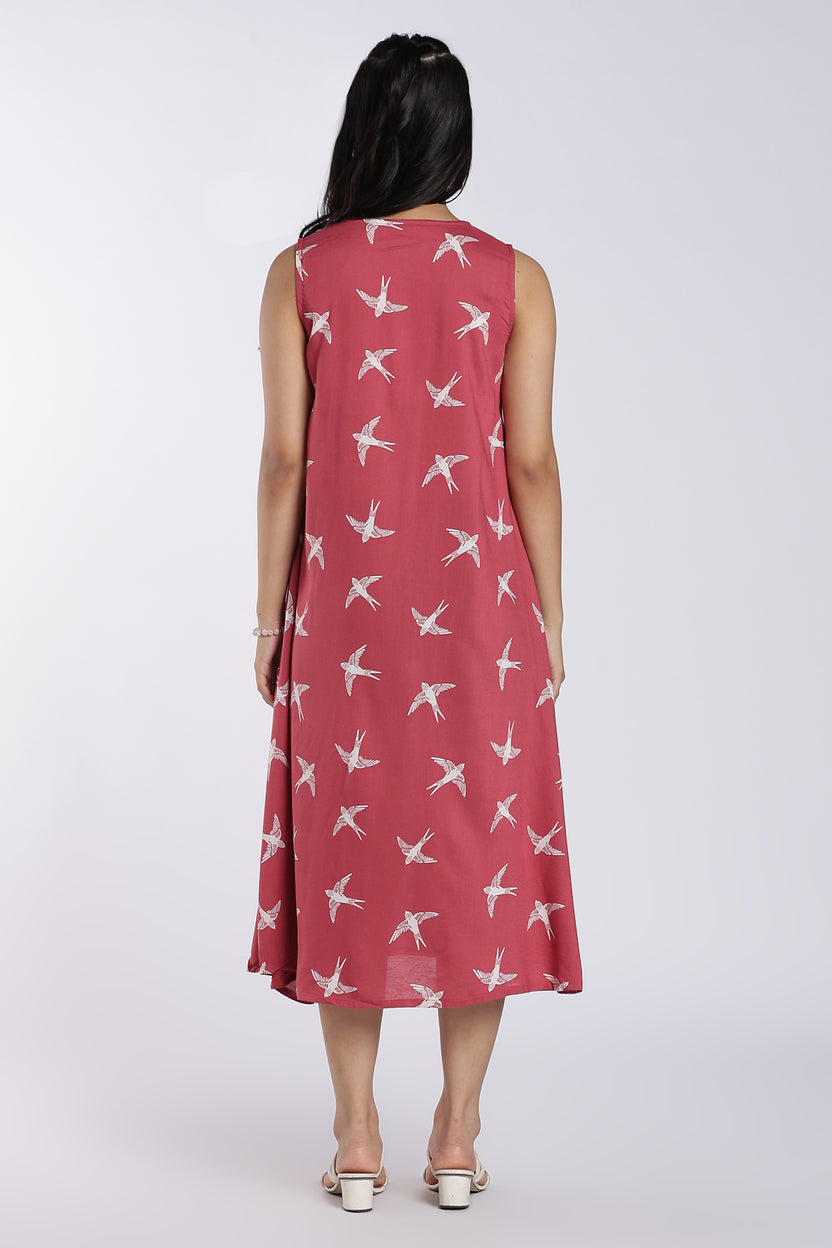 Pink Bird Print Midi Dress For Women - Image 5