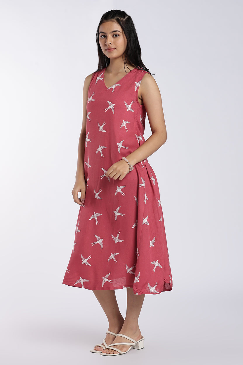 Pink Bird Print Midi Dress For Women - Image 6