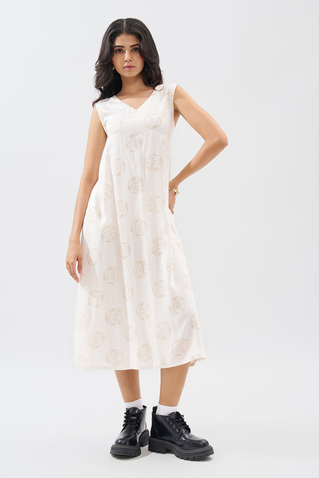 Ecru Motif Print Sleeveless Dress for Women - Image 2