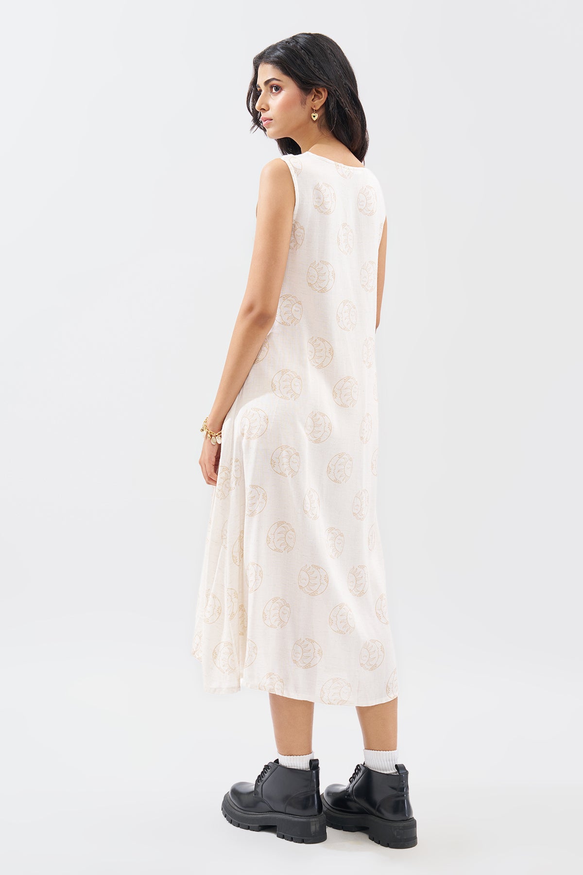 Ecru Motif Print Sleeveless Dress for Women - Image 5