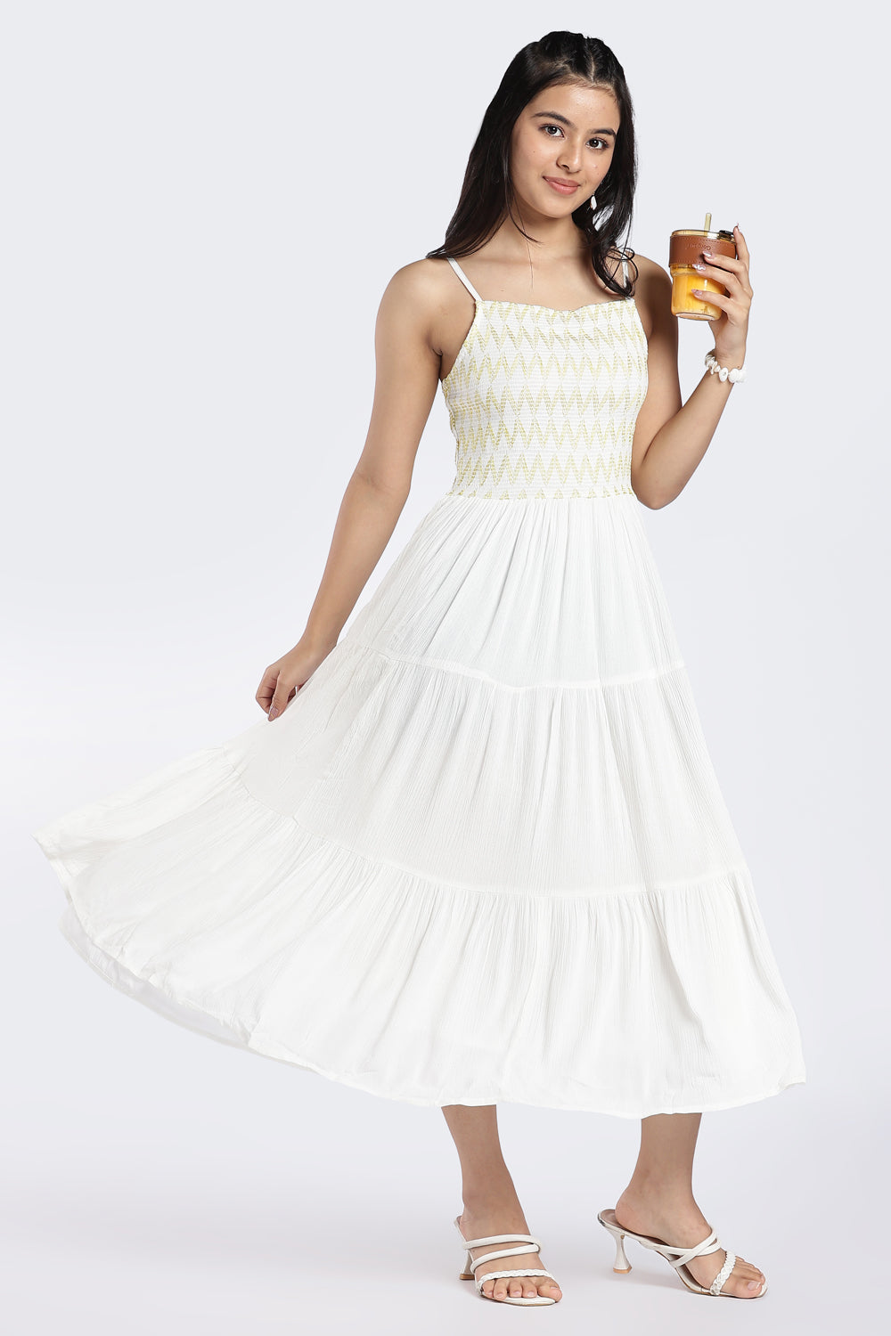 White Smocked Tiered Maxi Dress for Women - Image 1