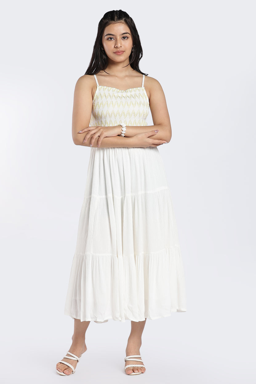 White Smocked Tiered Maxi Dress for Women - Image 2