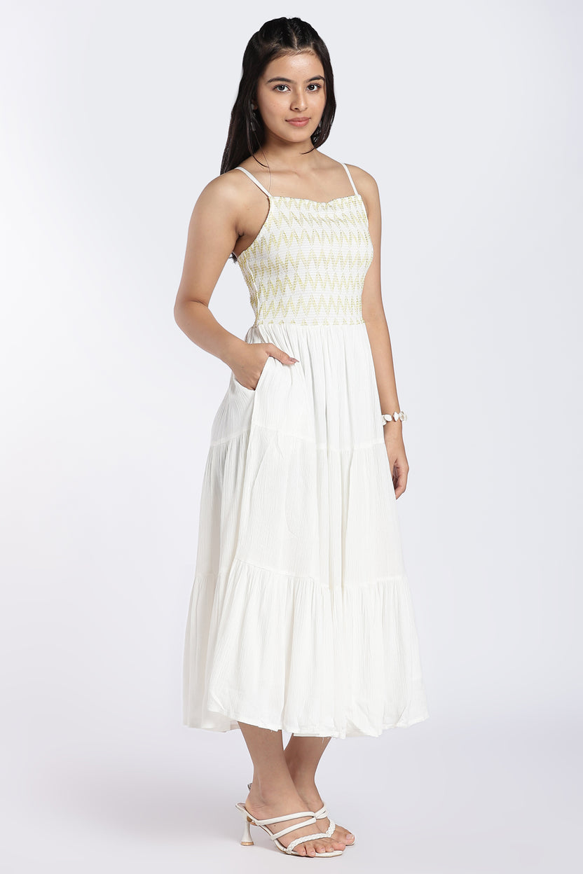 White Smocked Tiered Maxi Dress for Women - Image 4