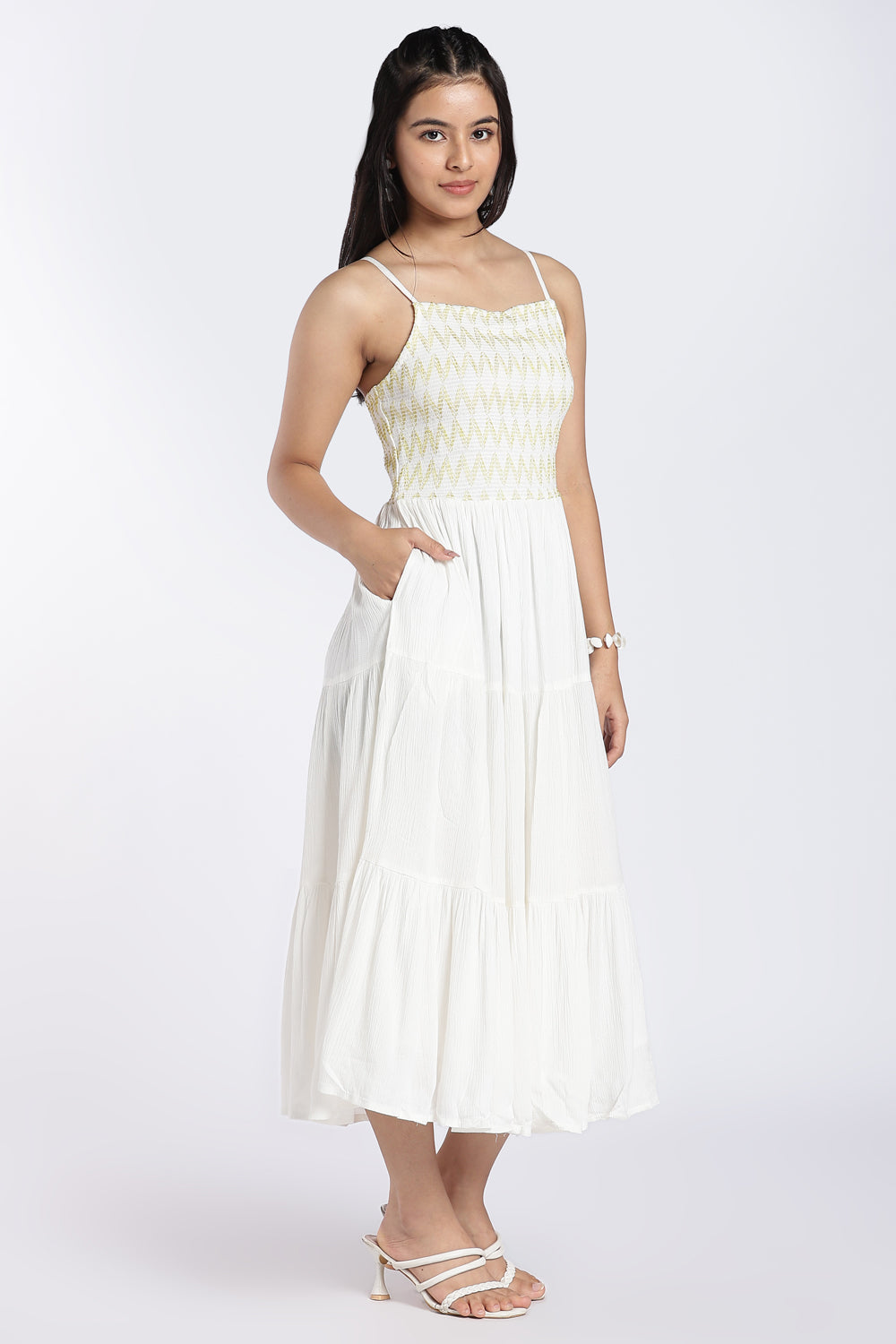 White Smocked Tiered Maxi Dress for Women - Image 4