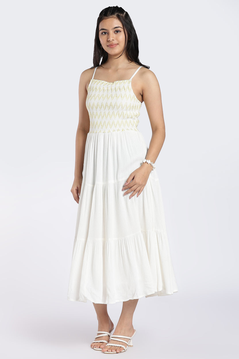 White Smocked Tiered Maxi Dress for Women - Image 6
