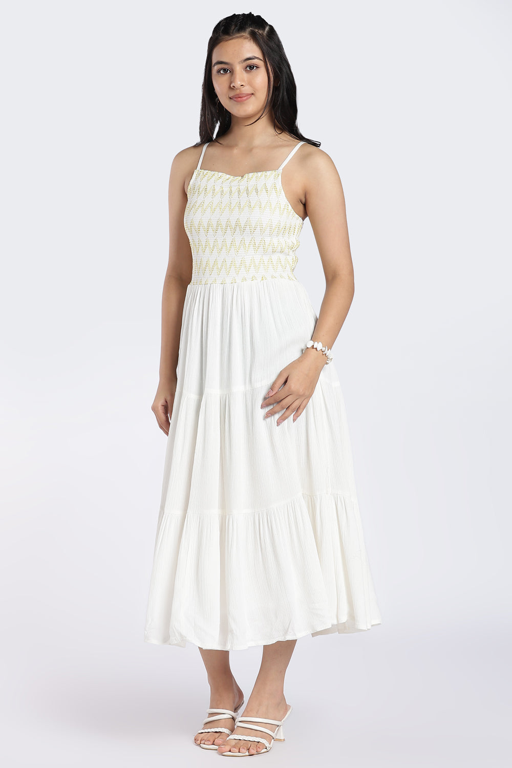 White Smocked Tiered Maxi Dress for Women - Image 6