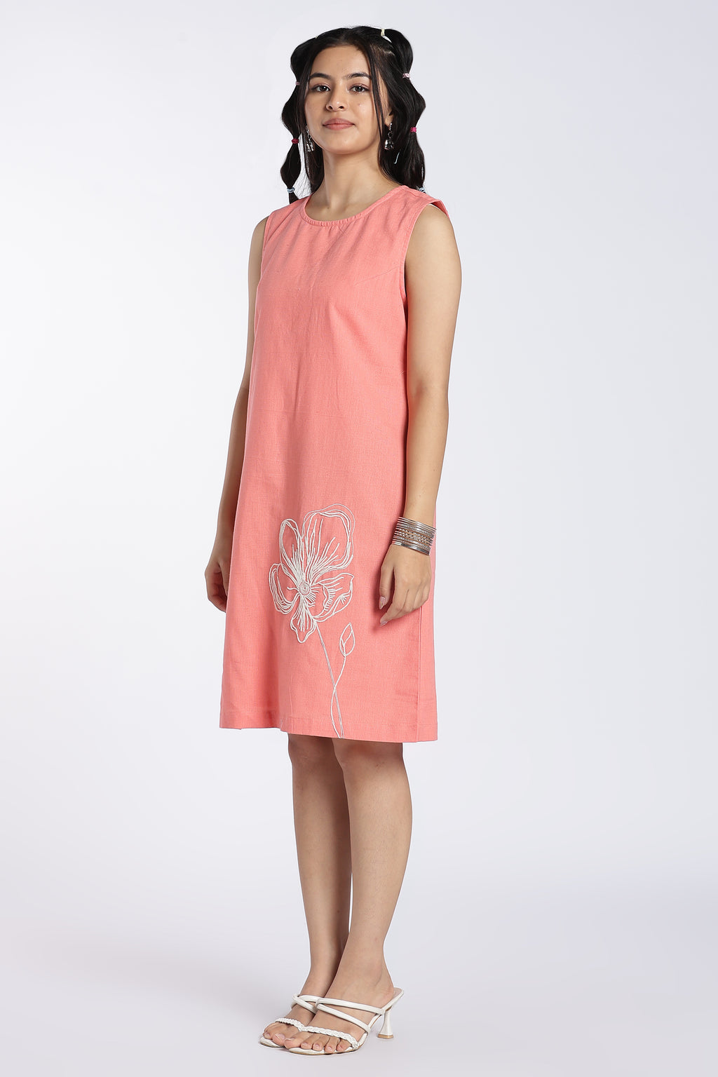 Peach Embroidered Fit Dress For Women - Image 6