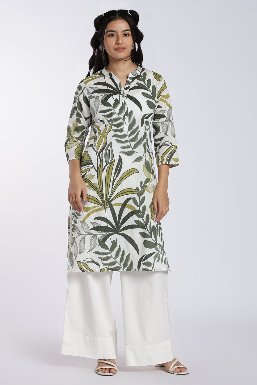 Green Botanical Straight Fit Kurta for Women - Image 2