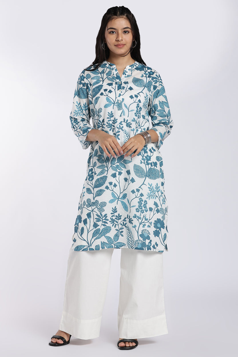 Blue Botanical Print Straight Kurta for Women - Image 2