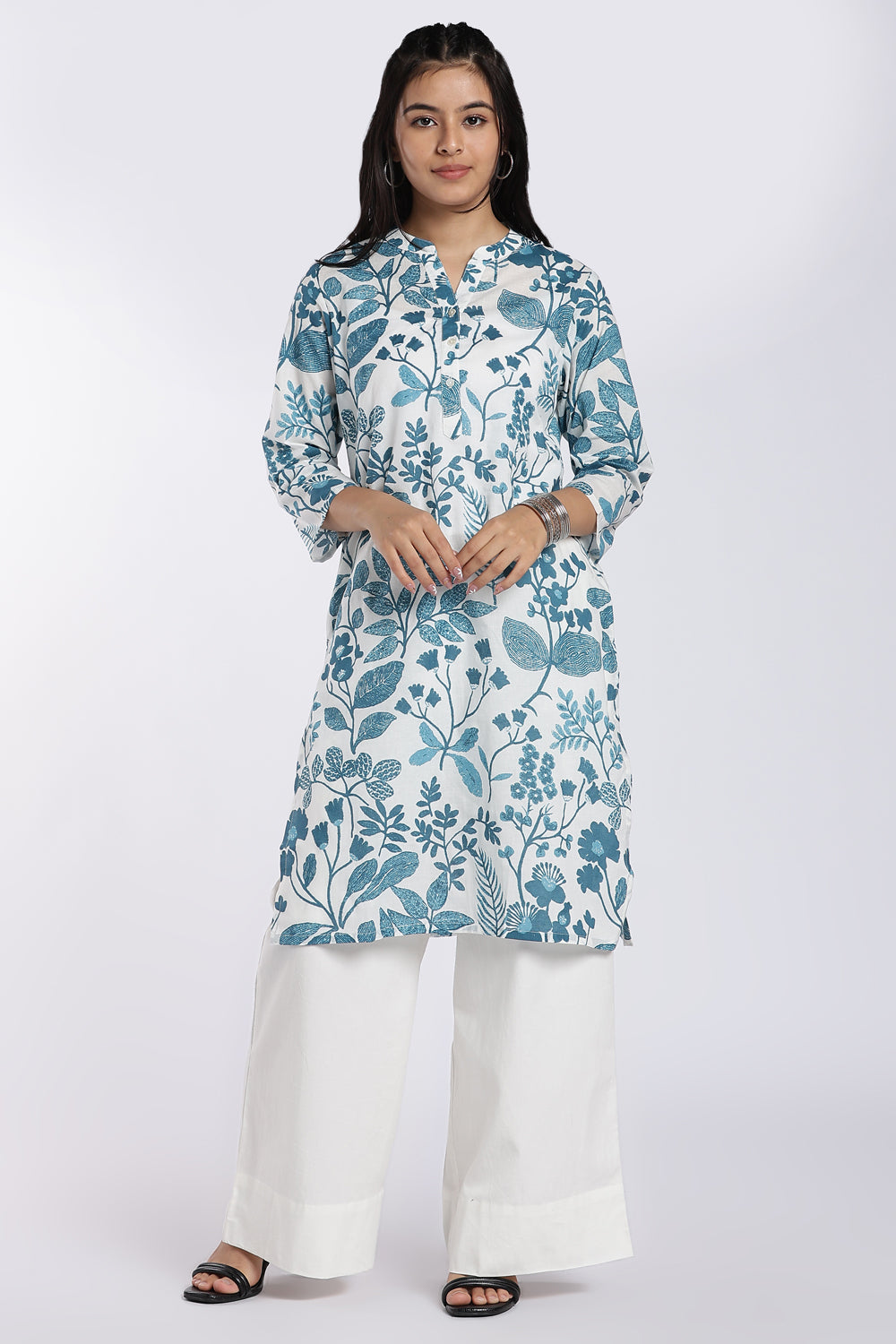 Blue Botanical Print Straight Kurta for Women - Image 2