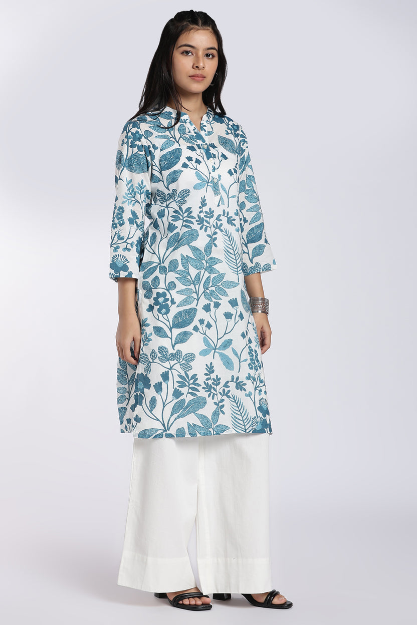 Blue Botanical Print Straight Kurta for Women - Image 4